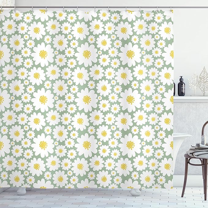 Ambesonne Floral Shower Curtain, Pastel Cartoon Like Flowers Daisies Spring Time Season Artwork Print, Cloth Fabric Bathroom Decor Set with Hooks, 69" W x 75" L, Pale Green