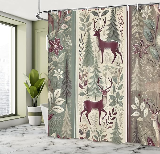 Ambesonne Christmas Shower Curtain, Nordic Nature Style Classic Vintage Trees Flowers Leaves and Deer, Cloth Fabric Bathroom Decor Set with Hooks, 69" W x 75" L, Raspberry and Sage Green