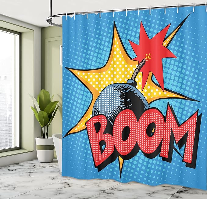 Ambesonne Vintage Shower Curtain, Retro Style Design on Dotted Background Comics Pop Art Image Print Retro, Cloth Fabric Bathroom Decor Set with Hooks, 69" W x 84" L, Yellow Blue and Red