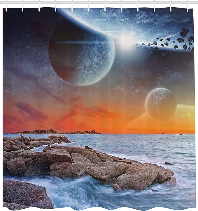 Ambesonne Galaxy Shower Curtain, Planet Landscape View from a Rocky Beach Ocean Science Theme Astro Art Illustration Print, Fabric Bathroom Decor Set with Hooks, 69" W x 75" L, Orange Umber