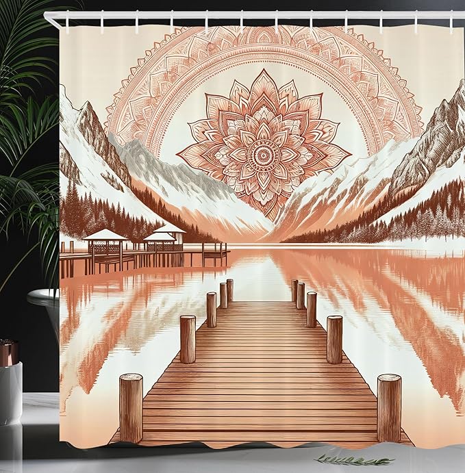 Ambesonne Lake Shower Curtain, Mountains Wooden Pier and Eastern Cultural Mandala in Peachy Colors, Cloth Fabric Bathroom Decor Set with Hooks, 69" W x 75" L, Salmon Redwood and Dark Rust