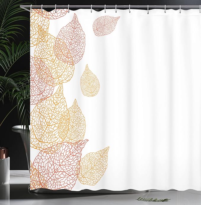Ambesonne Leaf Shower Curtain, Illustration of Fall Leaves Modern Pattern Romantic Art with Soft Autumn Colors, Cloth Fabric Bathroom Decor Set with Hooks, 69" W x 75" L, Marigold Coral