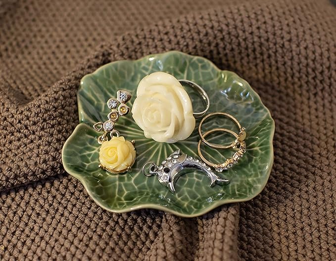 Tiny 4" Green Lotus Leaf Shaped Tray - Handmade Ceramic Porcelain Decorative Plate Dish Catchall Miniature Container for Jewelry Personal Items Incense Holders Trays Décor Gifts