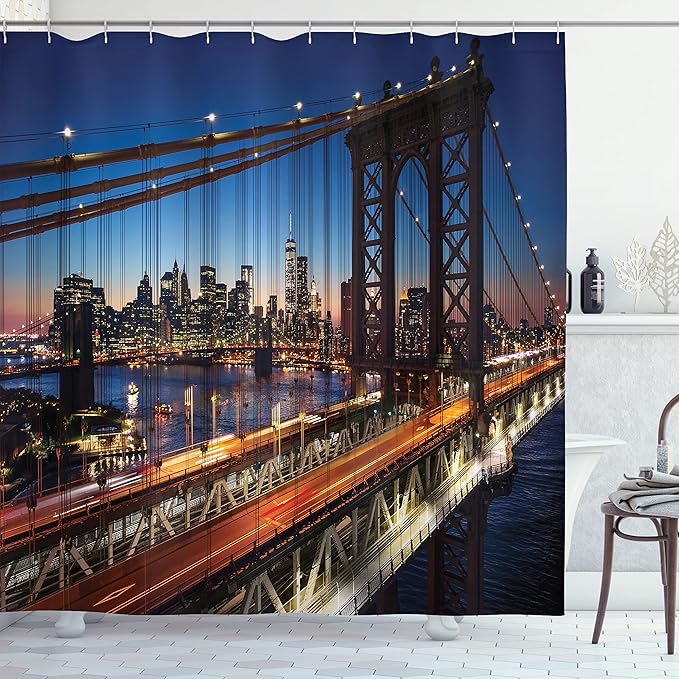 Ambesonne NYC Shower Curtain, Evening Twilight Sunset at Brooklyn Bridge River Famous Touristic Attractions Modern Urban Print, Cloth Fabric Bathroom Decor Set with Hooks, 69" W x 84" L, Orange Night