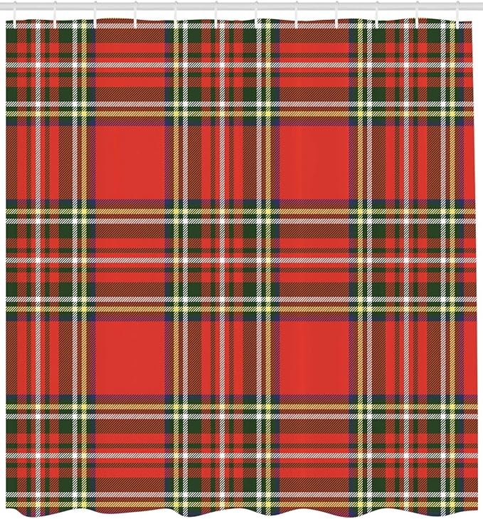 Ambesonne Plaid Shower Curtain, European Western Culture Inspired Abstract Irish Pattern Vintage Classical Design, Cloth Fabric Bathroom Decor Set with Hooks, 69" W x 75" L, Scarlet Grey