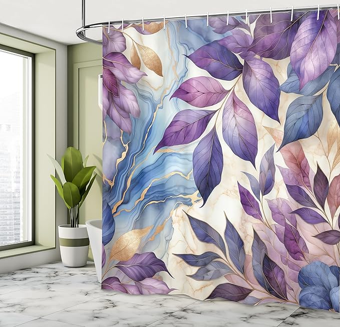 Ambesonne Purple Shower Curtain, Leaves Dancing in The Wind Art on a Marble Print Background in Warm Tones, Cloth Fabric Bathroom Decor Set with Hooks, 69" W x 70" L, Quartz Lilac Mauve