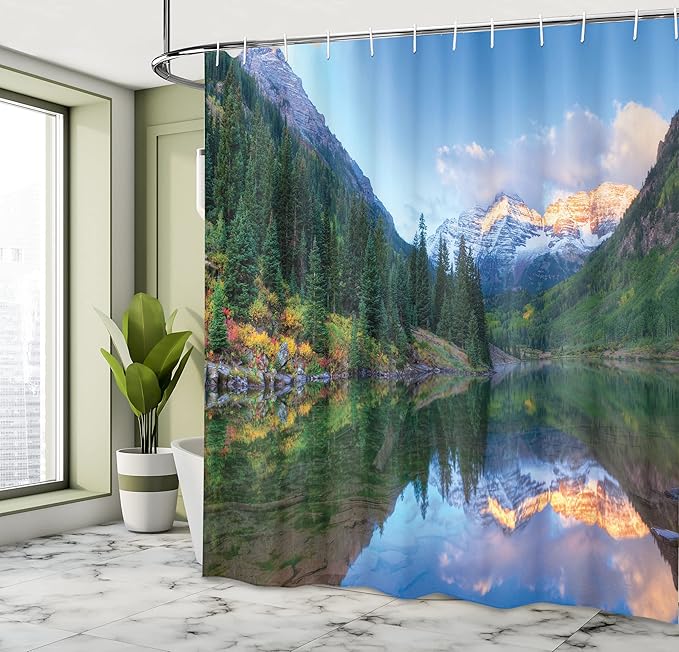 Ambesonne Landscape Shower Curtain, Symmetric Reflection of The Snowcapped Maroon Bells in Autumn Season Sunrise Panoramic Picture, Cloth Fabric Bathroom Set with Hooks, 69" W x 70" L, Yellow Green