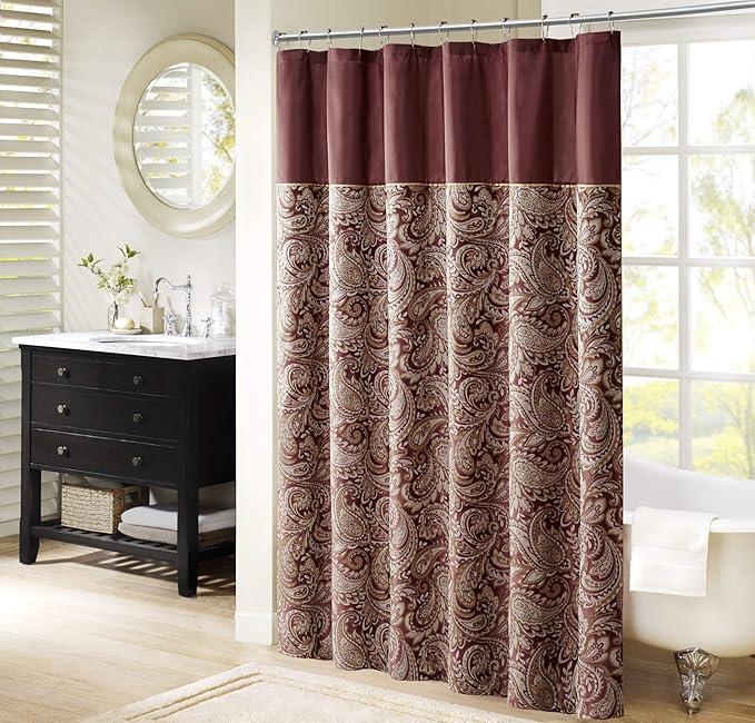Madison Park Aubrey Shower Curtain Paisley Jacquard Pieced Microfiber Faux Silk Modern Home Bathroom Decorations, 72x72, Burgundy