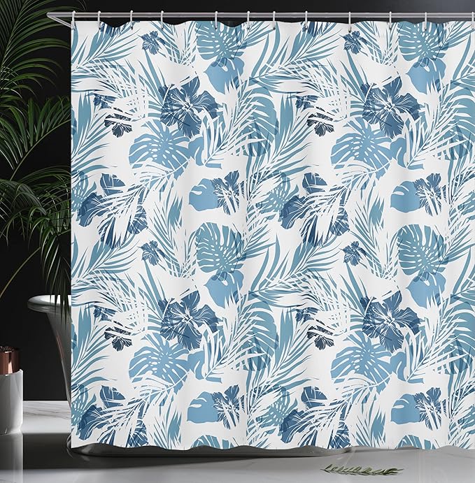 Ambesonne Leaf Shower Curtain, Island Ocean Beach Sea Inspired Hawaiian Flowers Palm Tree Leaves Art Print, Cloth Fabric Bathroom Decor Set with Hooks, 69" W x 70" L, Blue