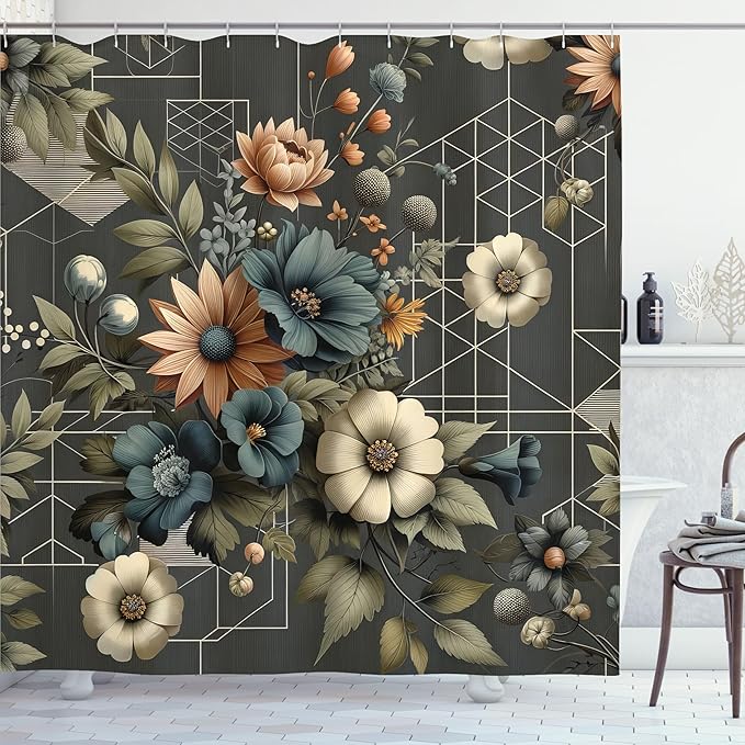 Ambesonne Floral Shower Curtain, Abstract Mysterious Flowers Bouquet with Symmetric Lines on Dark Backdrop, Cloth Fabric Bathroom Decor Set with Hooks, 69" W x 70" L, Dark Teal Peach Camel