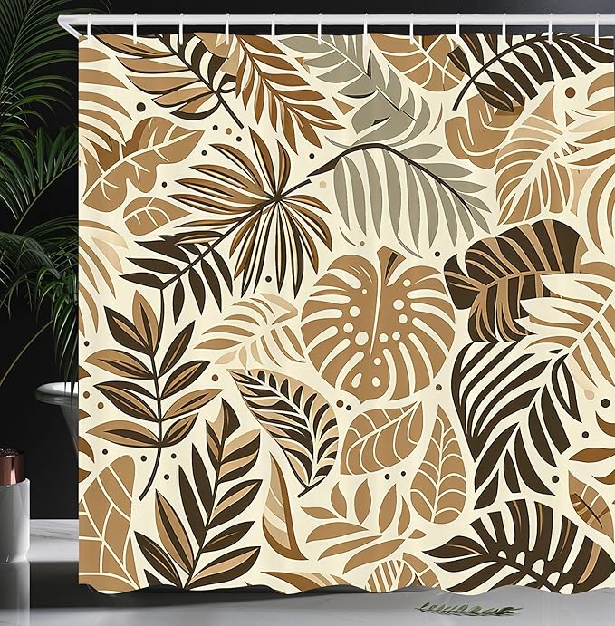Ambesonne Tan Shower Curtain, Mid Century Feel Exotic Monstera Leaves with Bohemian Earthy Colors Urban Jungle, Cloth Fabric Bathroom Decor Set with Hooks, 69" W x 84" L, Dark Khaki Beige