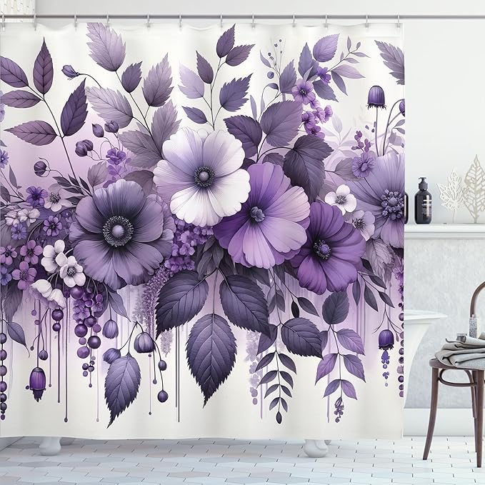 Ambesonne Purple Shower Curtain, Cascade Leafy Floral Huddle with Dreamy Aura Celestial Jungle Art Boho, Cloth Fabric Bathroom Decor Set with Hooks, 69" W x 70" L, Mauve Indigo and White