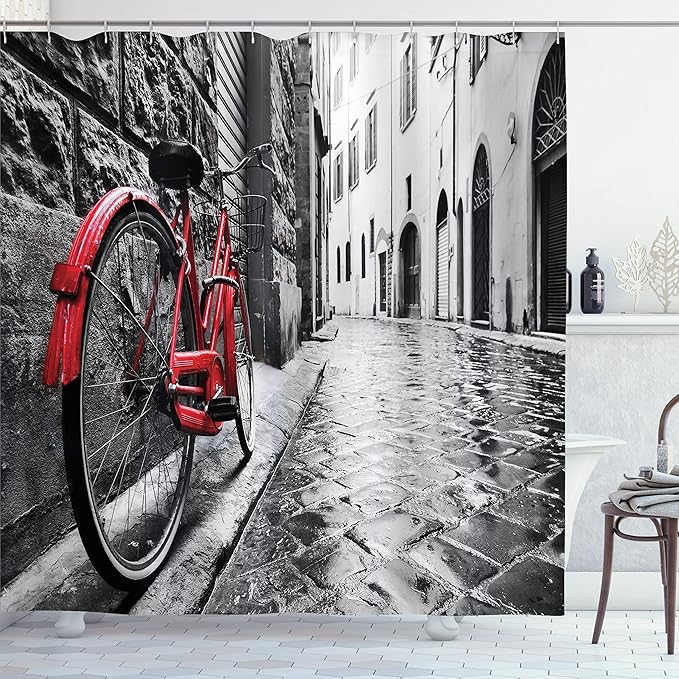 Ambesonne Bicycle Shower Curtain, Classic Bike on Cobblestone Street in Italian Town Leisure Photo, Cloth Fabric Bathroom Decor Set with Hooks, 69" W x 84" L, White Black