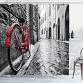 Ambesonne Bicycle Shower Curtain, Classic Bike on Cobblestone Street in Italian Town Leisure Photo, Cloth Fabric Bathroom Decor Set with Hooks, 69" W x 84" L, White Black
