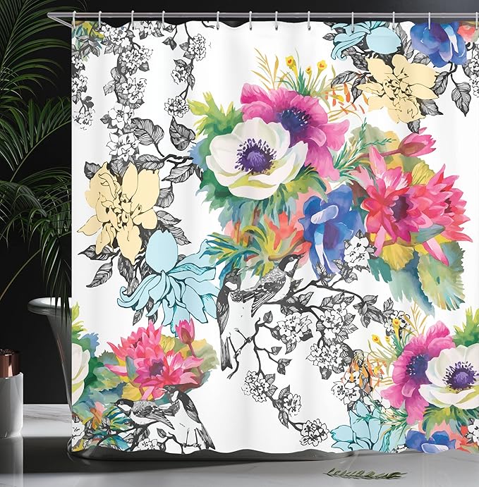 Ambesonne Flower Shower Curtain, Colorful Garden Print of Blossoming Wildflowers and Birds with Leaves Branches of Spring Season, Cloth Fabric Bathroom Decor Set with Hooks, 69" W x 84" L, Magenta