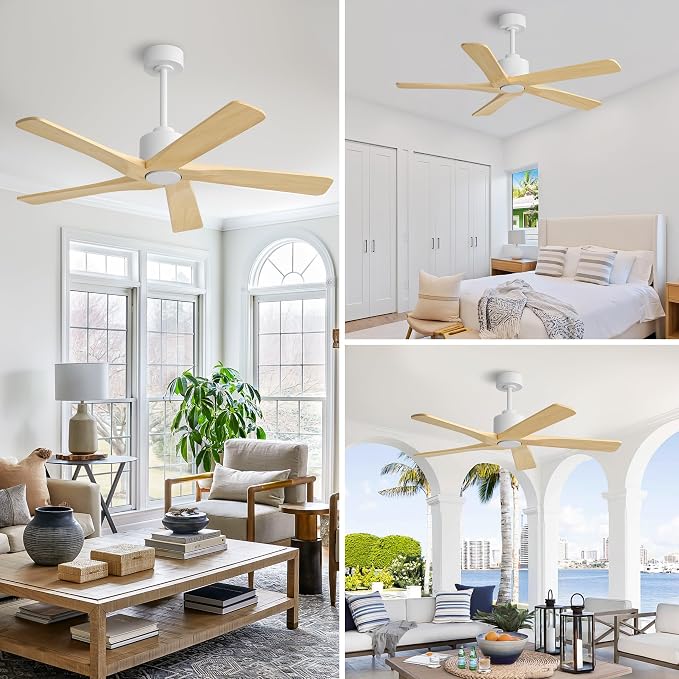 WINGBO 48" DC Ceiling Fan No Light - 5 Carved Solid Wood Blades, 6-Speed Reversible DC Motor, Ceiling Fan without Lights for Living Room Bedroom Kitchen Patio, Indoor and Outdoor, White and Oak