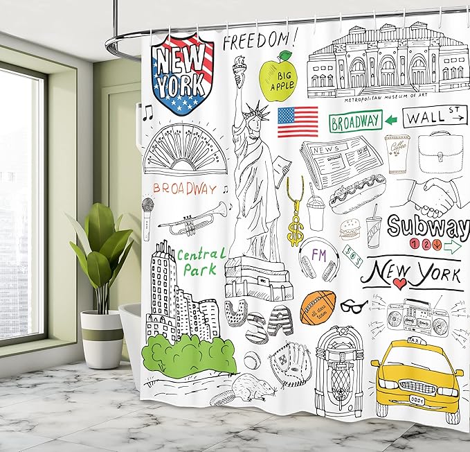 Ambesonne American Shower Curtain, New York City Culture Metropolitan Museum Broadway Crossroad Wall Street Sketch Style, Cloth Fabric Bathroom Decor Set with Hooks, 69" W x 70" L, White and Black