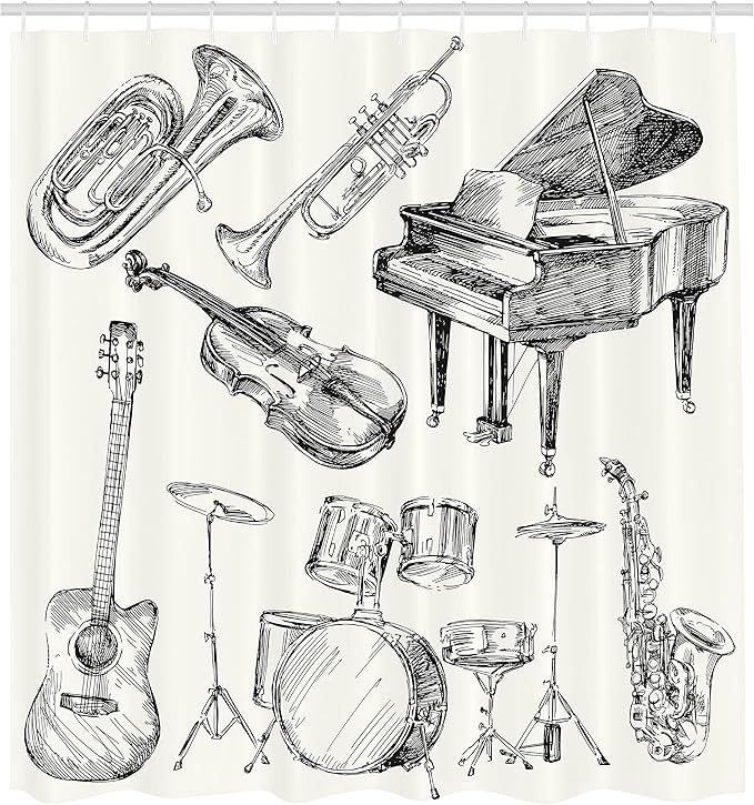 Ambesonne Jazz Music Shower Curtain, Illustration of Musical Instruments Sketch Style Art Trumpet Piano Guitar, Cloth Fabric Bathroom Decor Set with Hooks, 69" W x 75" L, Beige Black