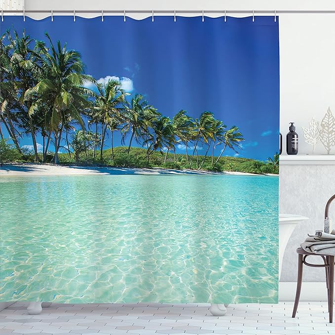 Ambesonne Ocean Shower Curtain, Sunny Day in a Tropical Island with Palm Trees and Ocean Heaven Calm Lands Image, Cloth Fabric Bathroom Decor Set with Hooks, 69" W x 70" L, Green Turquoise