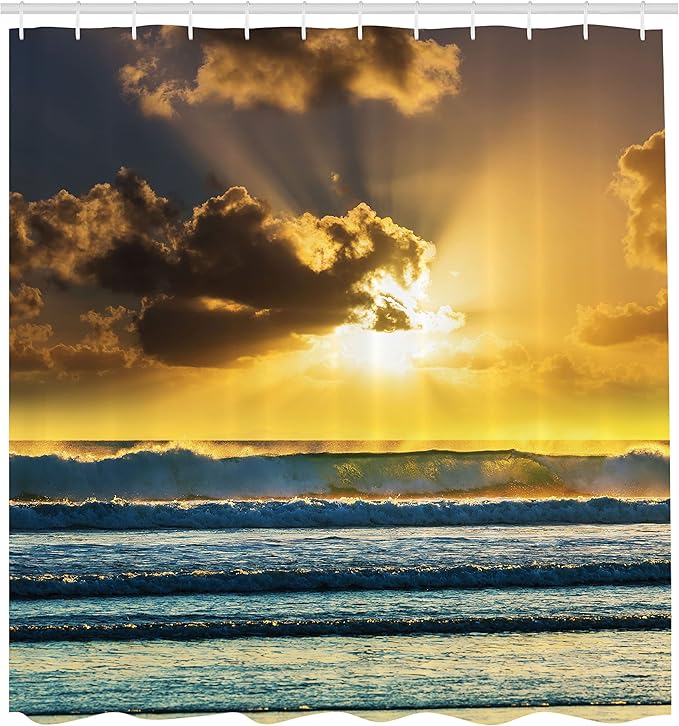 Ambesonne Ocean Decor Shower Curtain, Sunbeams Behind Grey Clouds Waves of The Sea at a Sunset Scenery Lofoten Norway Picture, Polyester Fabric Bathroom Set with Hooks, 69" W X 84" L, Blue Yellow