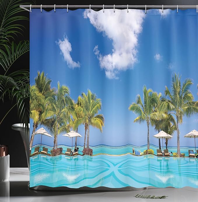 Ambesonne Coastal Shower Curtain, Tropical Beach in Mauritius Swimming Pool and Sunbeds with Coconut Palm Trees, Cloth Fabric Bathroom Decor Set with Hooks, 69" W x 70" L, Green Aqua