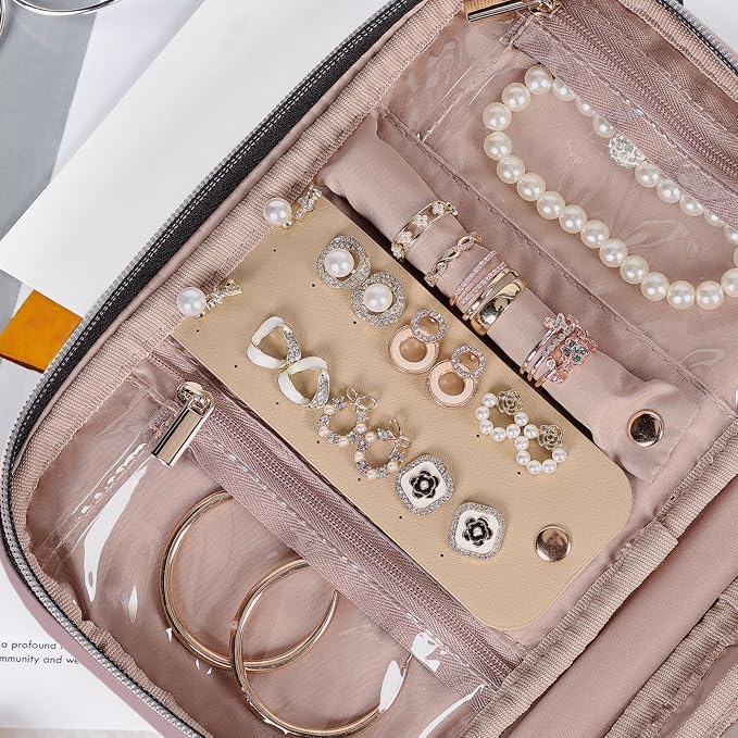 NISHEL Travel Jewelry Case Organizer, Tangle-Free Necklace Storage Bag | Stores rings, earrings, bracelets and watches in a compact case for travel and daily use, Peach Pink, Medium