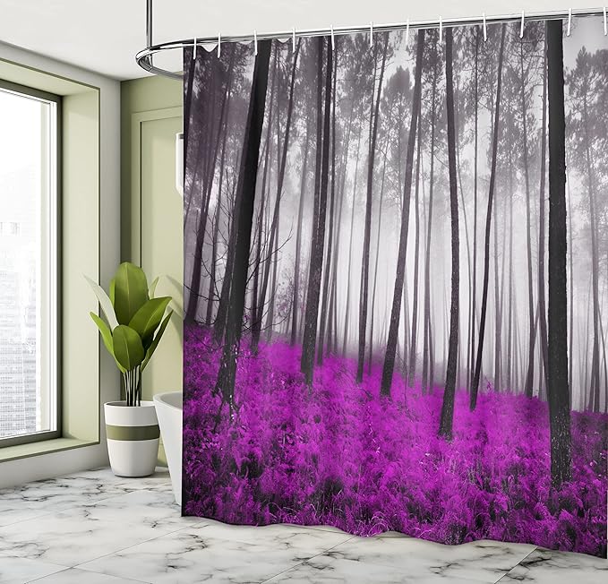 Ambesonne Forest Shower Curtain, Mystical Fantasy Woodland Under Heavy Fog Tall Trees Bushes Contrast Colors, Cloth Fabric Bathroom Decor Set with Hooks, 69" W x 75" L, Fuchsia Black