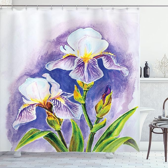Ambesonne Watercolor Flower Shower Curtain, Painting of Iris Flower Spring Season Blooming Plant Nature Art, Cloth Fabric Bathroom Decor Set with Hooks, 69" W x 84" L, Violet Green