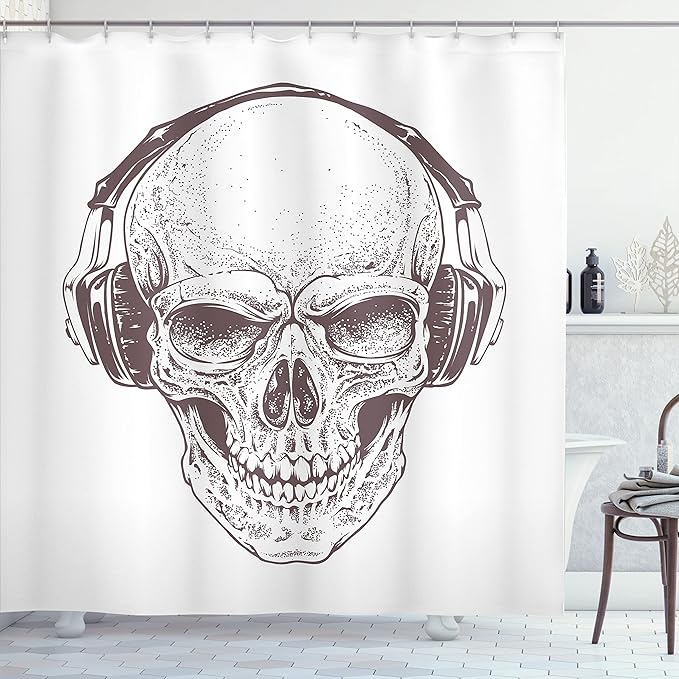 Ambesonne Skull Shower Curtain, Digital Dot Work Style Punk Skull with Headphones Hippie Dead Bones Graphic Print, Cloth Fabric Bathroom Decor Set with Hooks, 69" W x 70" L, Brown White