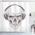Ambesonne Skull Shower Curtain, Digital Dot Work Style Punk Skull with Headphones Hippie Dead Bones Graphic Print, Cloth Fabric Bathroom Decor Set with Hooks, 69" W x 70" L, Brown White