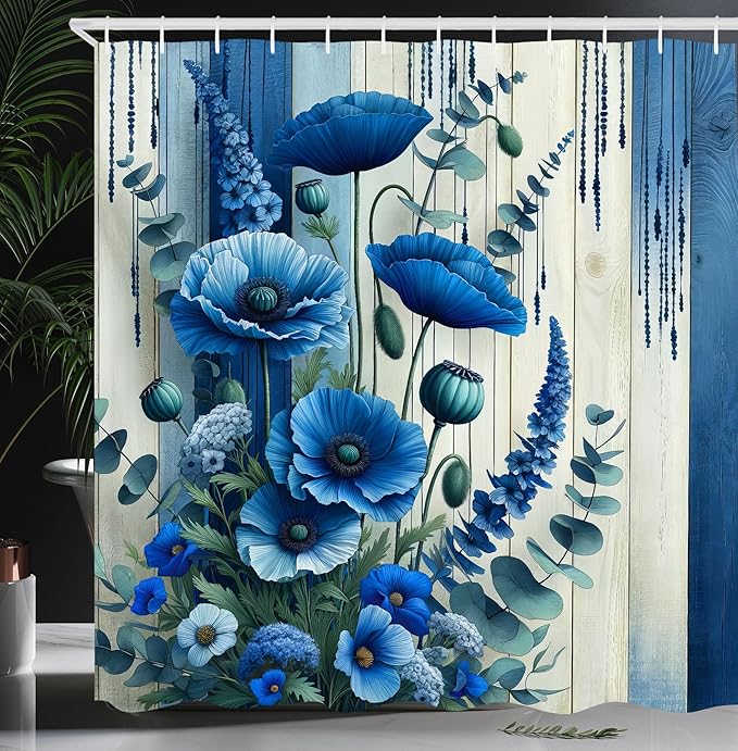 Ambesonne Blue Shower Curtain, Poppy Flowers Meadow Bouquet on Rustic Grunge Look Wooden Plank Back, Cloth Fabric Bathroom Decor Set with Hooks, 69" W x 75" L, Dark Turquoise and Off White