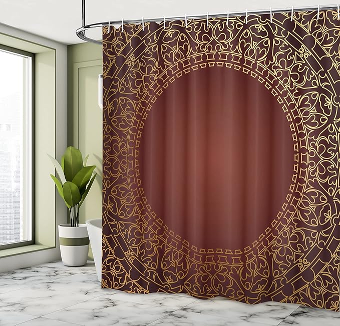 Ambesonne Maroon Shower Curtain, Vintage Frame with Eastern Motifs Traditional Retro Classic Art, Cloth Fabric Bathroom Decor Set with Hooks, 69" W x 84" L, Earth Yellow