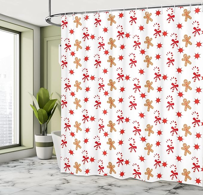 Ambesonne Gingerbread Man Shower Curtain, Candy Cane with Bowties Red Star Gingerbread Man Pattern, Cloth Fabric Bathroom Decor Set with Hooks, 69" W x 84" L, Sand Brown Orange