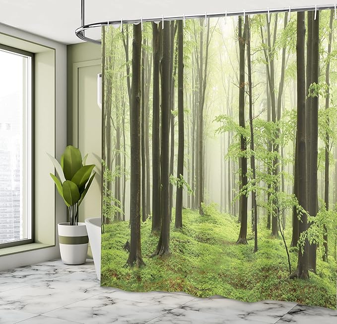 Ambesonne Landscape Shower Curtain, Beech Forest Morning Haze in The Mountains of The Southern Polish Image, Cloth Fabric Bathroom Decor Set with Hooks, 69" W x 75" L, Pale Green