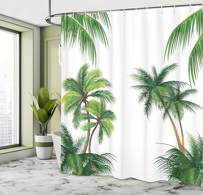 Ambesonne Tropical Shower Curtain, Coconut Palm Tree Nature Paradise Plants Foliage Leaves Digital Illustration, Cloth Fabric Bathroom Decor Set with Hooks, 69" W x 70" L, Hunter Green