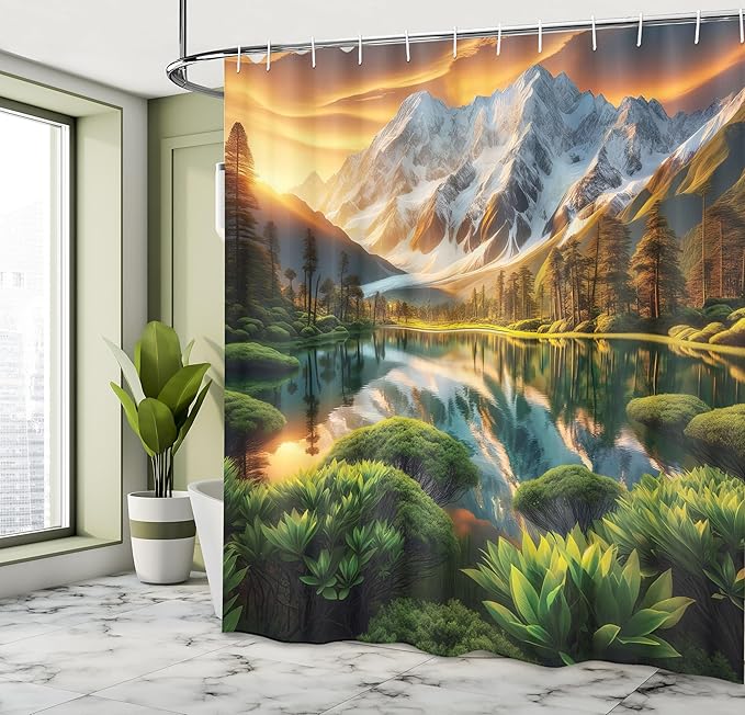 Ambesonne Lake Shower Curtain, Nature Morning Scenery Snowy Mountain Peaks Forest Bushes Water Reflections, Cloth Fabric Bathroom Decor Set with Hooks, 69" W x 70" L, Peach Green and Fawn