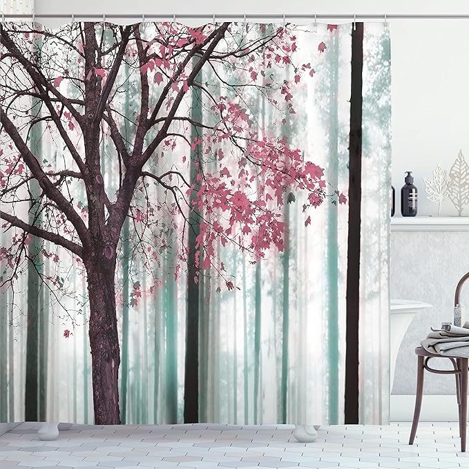Ambesonne Autumn Shower Curtain, Picture of a Lonely Tree Leaves on an Abstract Woodland Background Print, Cloth Fabric Bathroom Decor Set with Hooks, 69" W x 70" L, Pastel Pink