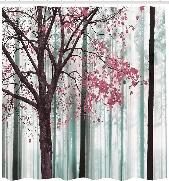 Ambesonne Autumn Shower Curtain, Picture of a Lonely Tree Leaves on an Abstract Woodland Background Print, Cloth Fabric Bathroom Decor Set with Hooks, 69" W x 70" L, Pastel Pink