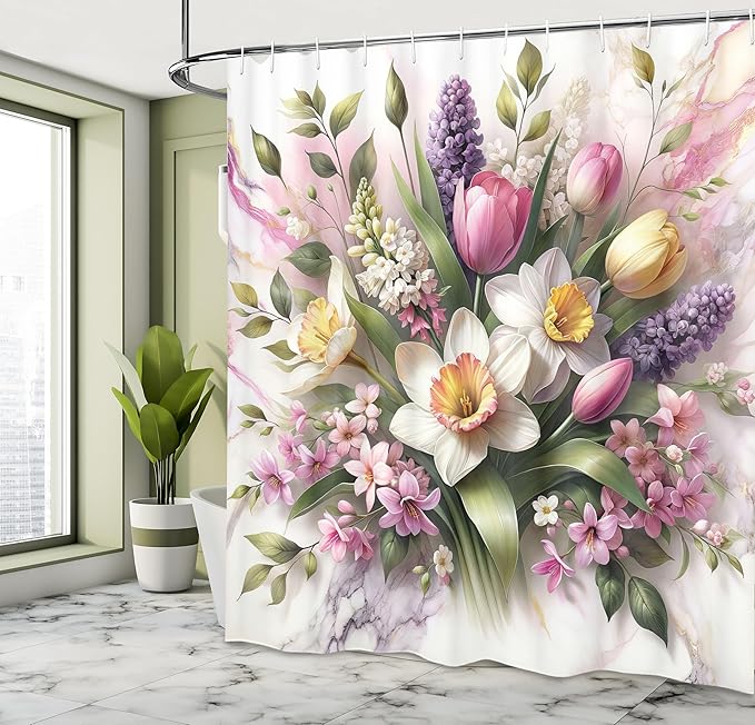 Ambesonne Spring Shower Curtain, Delicate Tulip Pansies and Bluebell Flowers Arrange on Marble Print Back, Cloth Fabric Bathroom Decor Set with Hooks, 69" W x 75" L, Lavender Green Pink