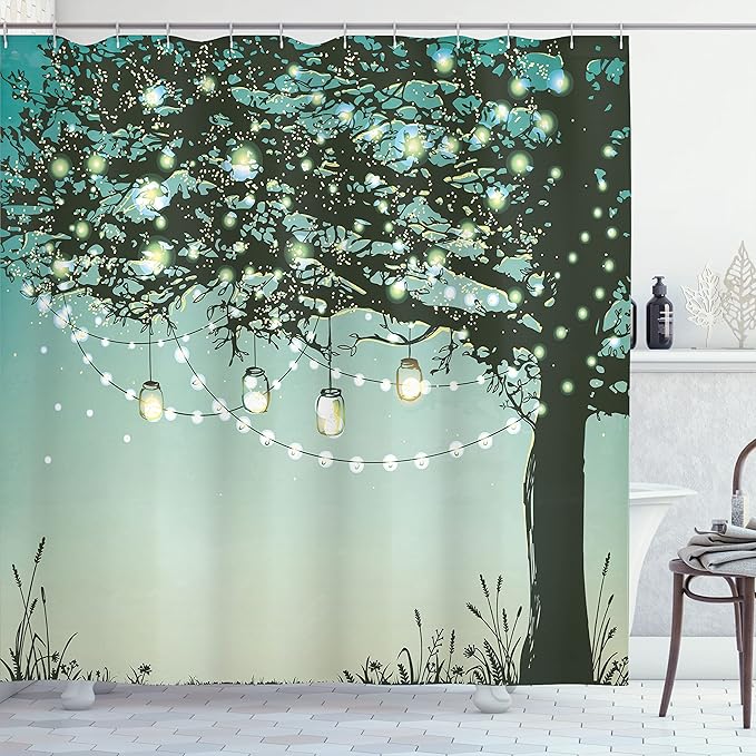 Ambesonne Magic Shower Curtain, Romantic Tree Branch Nature Garden Backyard Party Theme Illustration Print, Cloth Fabric Bathroom Decor Set with Hooks, 69" W x 70" L, Yellow and Green