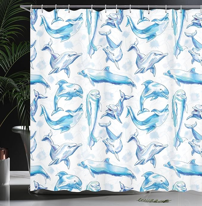 Ambesonne Sea Animals Shower Curtain, Sketch of Bottlenose Dolphins Playing Laughing in The Ocean Sea Life Print, Cloth Fabric Bathroom Decor Set with Hooks, 69" W x 70" L, Turquoise White