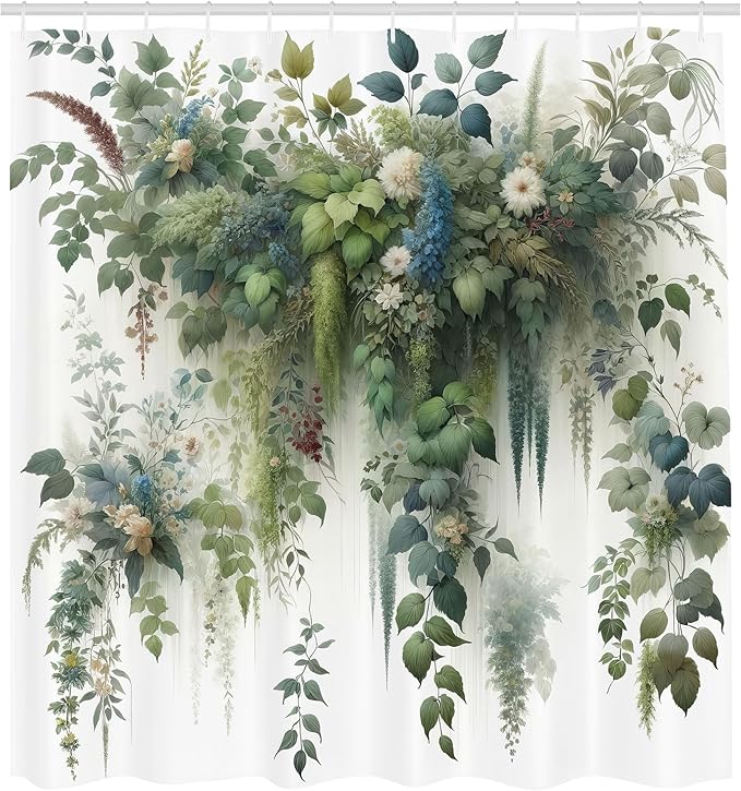 Ambesonne Botanical Shower Curtain, Branches and Leaves Cascading Down Look Motif in Watercolor Style Print, Cloth Fabric Bathroom Decor Set with Hooks, 69" W x 75" L, Green Blue and White