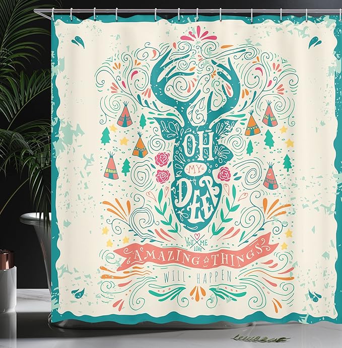 Ambesonne Vintage Shower Curtain, Reindeer with Antlers with Tribal Element and Flowers, Cloth Fabric Bathroom Decor Set with Hooks, 69" W x 75" L, Cream Multicolor
