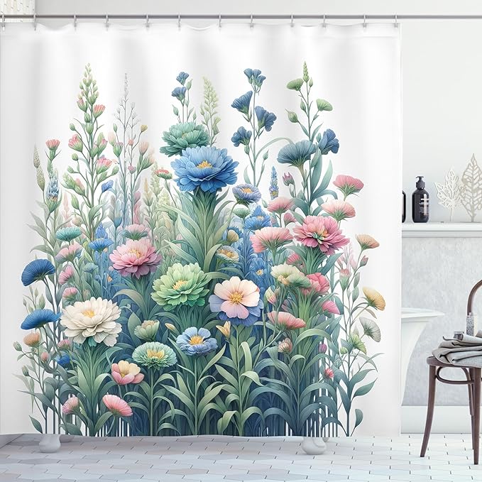 Ambesonne Floral Shower Curtain, Fading Tones of Colorful Wild Flowers in a Spring Morning on Plain Back, Cloth Fabric Bathroom Decor Set with Hooks, 69" W x 84" L, Blue Green and Pink