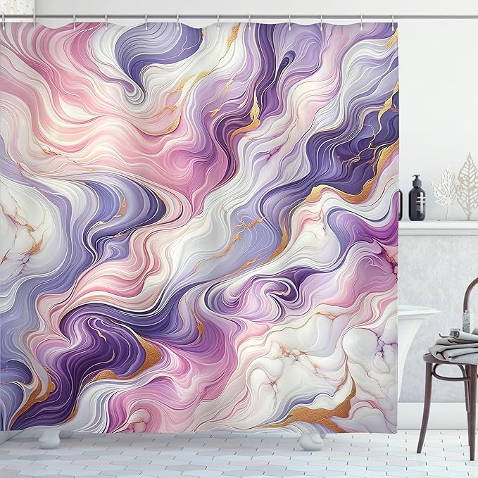 Ambesonne Purple Shower Curtain, Delicate Swirling Lines of Marble Print with Modern Fantasy Colors, Cloth Fabric Bathroom Decor Set with Hooks, 69" W x 75" L, Blush Indigo and Sand Brown