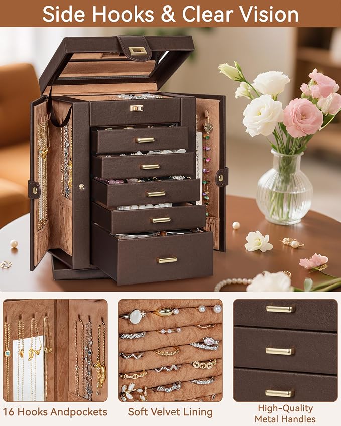 AKOZLIN 6-Tier Jewelry Box Organizer Functional 5 Drawers Leather Jewelry Storage Case for Women Girls Ring Necklace Earring Bracelet Holder Organizer with Mirror Brown 360° Rotating