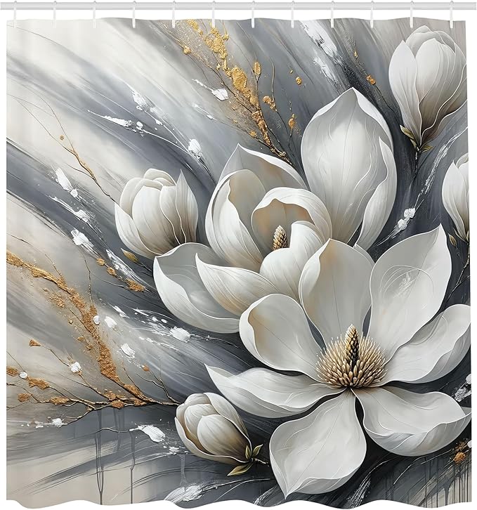 Ambesonne Grey Shower Curtain, Blooming Dreamy Magnolia Flowers with Marble Print Details Bohemian Art Floral, Cloth Fabric Bathroom Decor Set with Hooks, 69" W x 84" L, Ivory Slate Blue