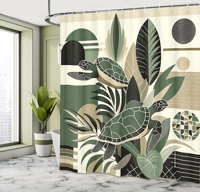 Ambesonne Turtle Shower Curtain, Mid Century Modern Geometric Shapes with Nautical Details Exotic Leaves, Cloth Fabric Bathroom Decor Set with Hooks, 69" W x 70" L, Reseda Green Pale Tan