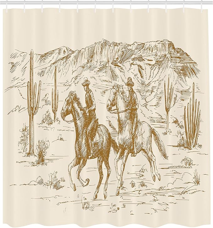 Ambesonne Western Shower Curtain, Country Theme Hand Drawn Illustration of American Wild West Desert with Cowboys, Cloth Fabric Bathroom Decor Set with Hooks, 69" W x 70" L, Pale Coffee