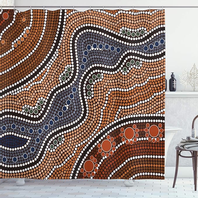 Ambesonne Art Shower Curtain, Aboriginal Culture Inspired by an Abstract Nature Scene of Native Australian People and Wildlife Art, Cloth Fabric Bathroom Set with Hooks, 69" W x 75" L, Orange Brown